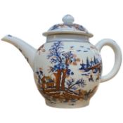 Lowestoft porcelain teapot circa 1780 with blue printed tall trees pattern with over glaze clobbered