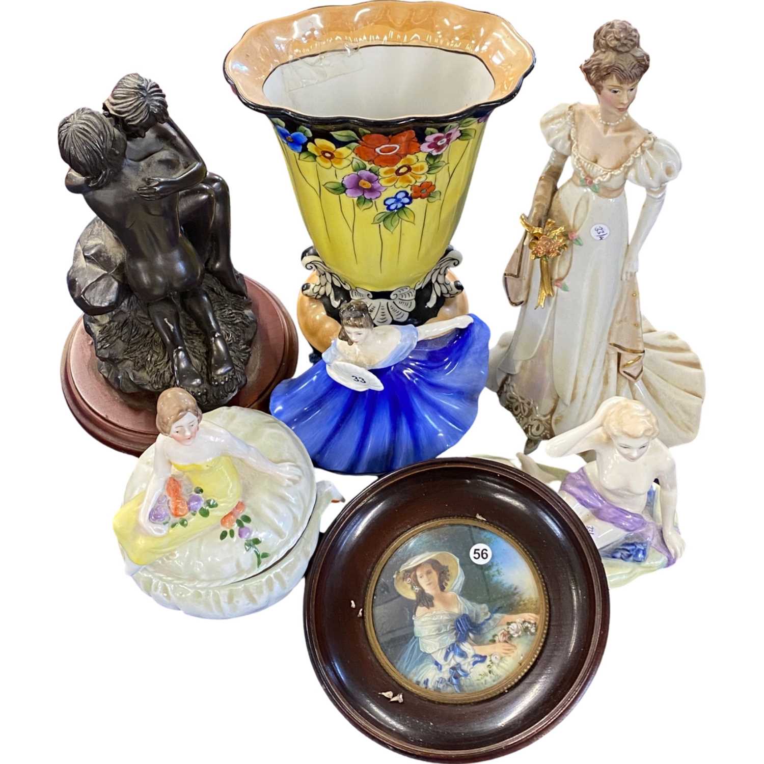 Quantity of ceramic sculptures, Doulton figures, an Art Deco vase, a miniature painting of a young - Image 2 of 2