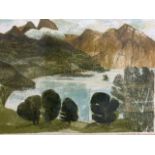 Anne Rooke (British, 20th century), lake and mountain landscape, coloured screenprint, signed and