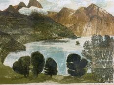 Anne Rooke (British, 20th century), lake and mountain landscape, coloured screenprint, signed and