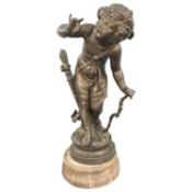 Spelter model of a angel or winged cherub on stone base, 50cm high