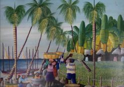 In the manner of Yves Gerard Edourd (Haitian, 20th century), Haitian folk scene, acrylic on panel