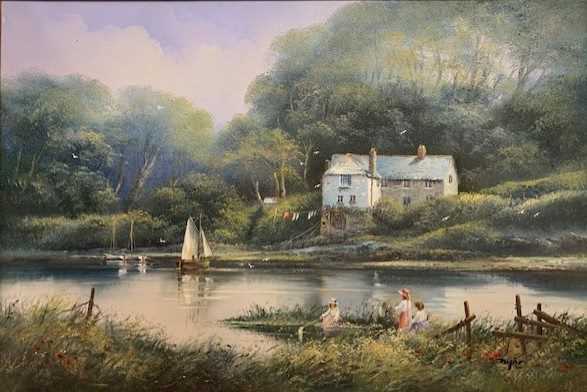 Ted Dyer (British, b1940), a riverbank view with children fishing, signed, oil on canvas, framed