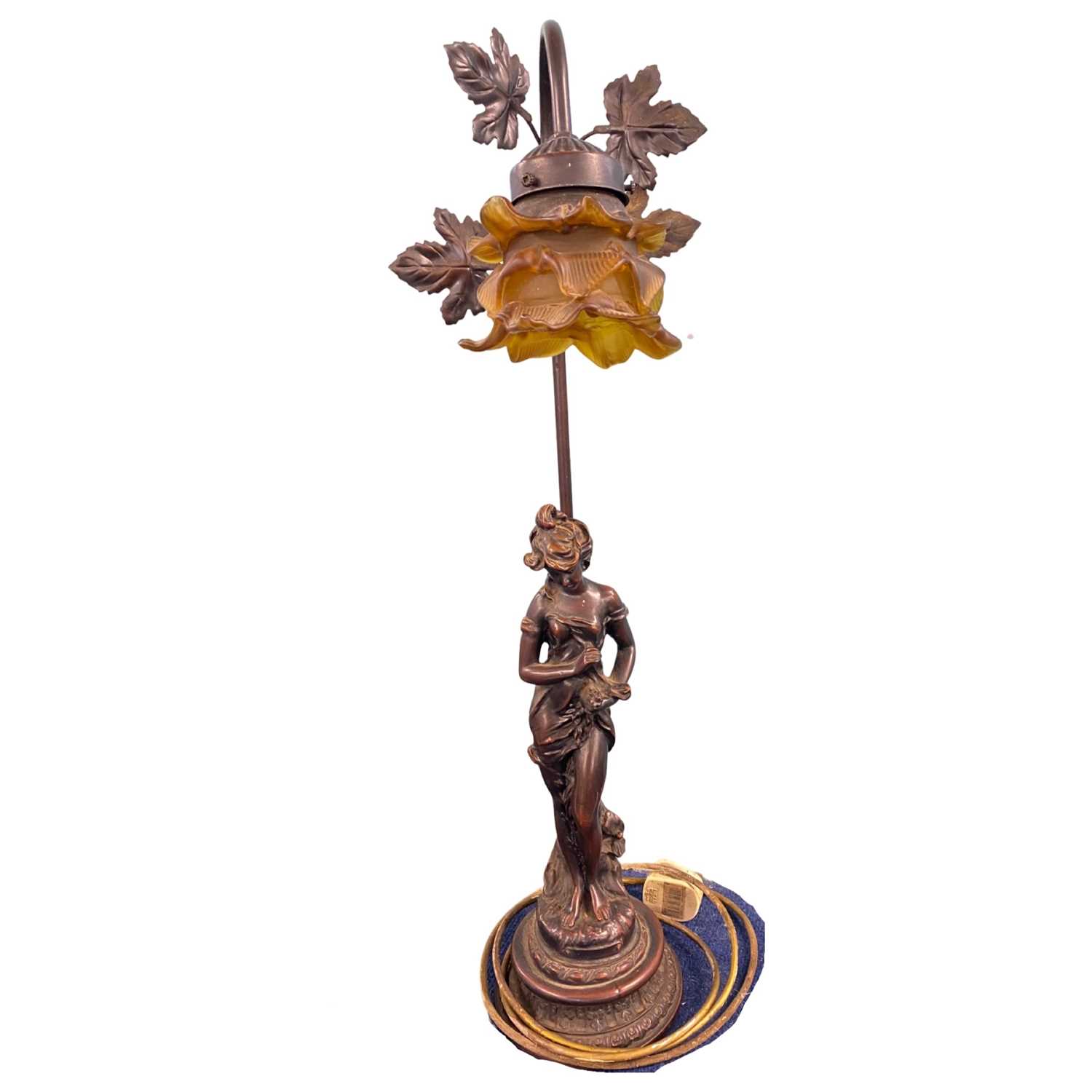 A Art Nouveau type table lamp modelled as a young girl with light above and foliage, 70cm high