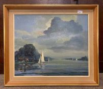 Frank Wass (British, 20th century), boating scene on the broads, oil on canvas, signed,19.5x24ins,
