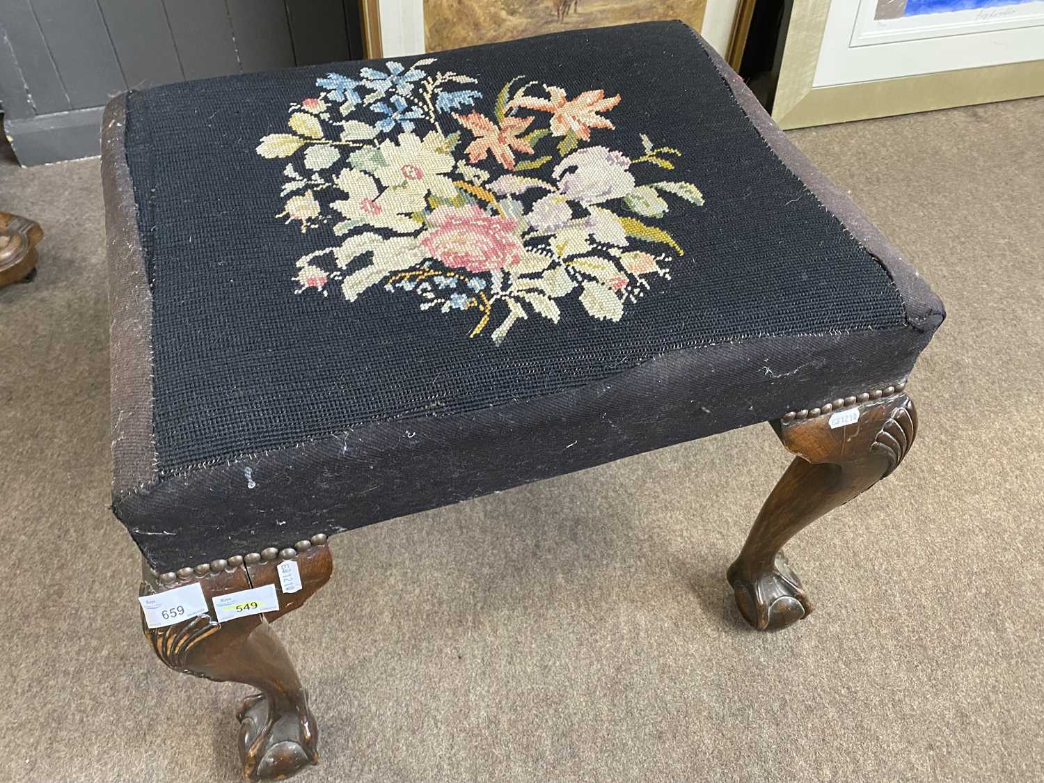 A Georgian style stool of rectangular form with tapestry top raised on cabriole legs with ball and - Image 3 of 6