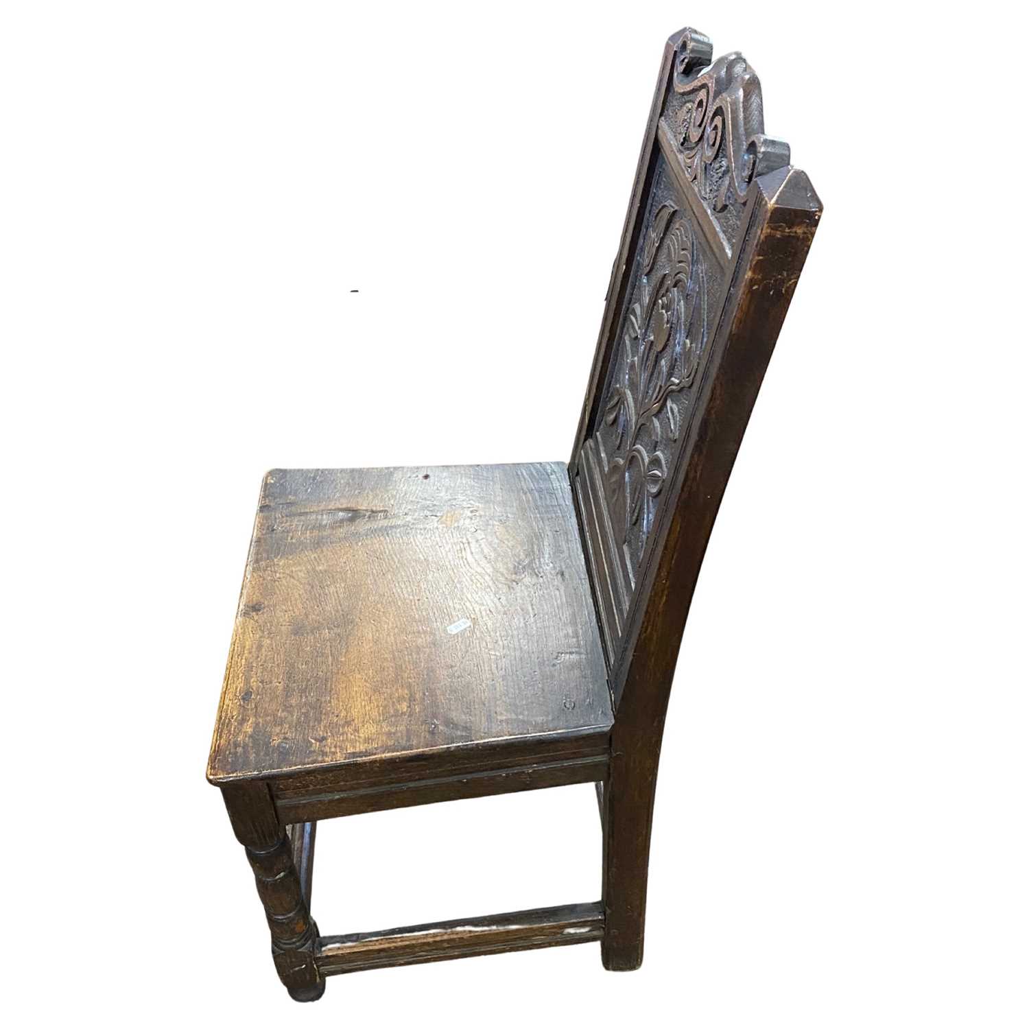 Hard seated hall chair in the 18th Century style with a floral carved panelled back, turned front - Image 2 of 2