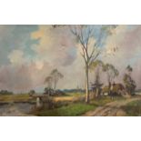 20th century landscape scene depicting a farmstead with a bridge, distant church and windmill (