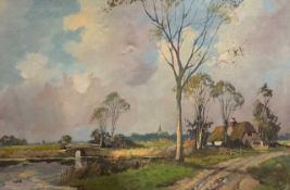 20th century landscape scene depicting a farmstead with a bridge, distant church and windmill (
