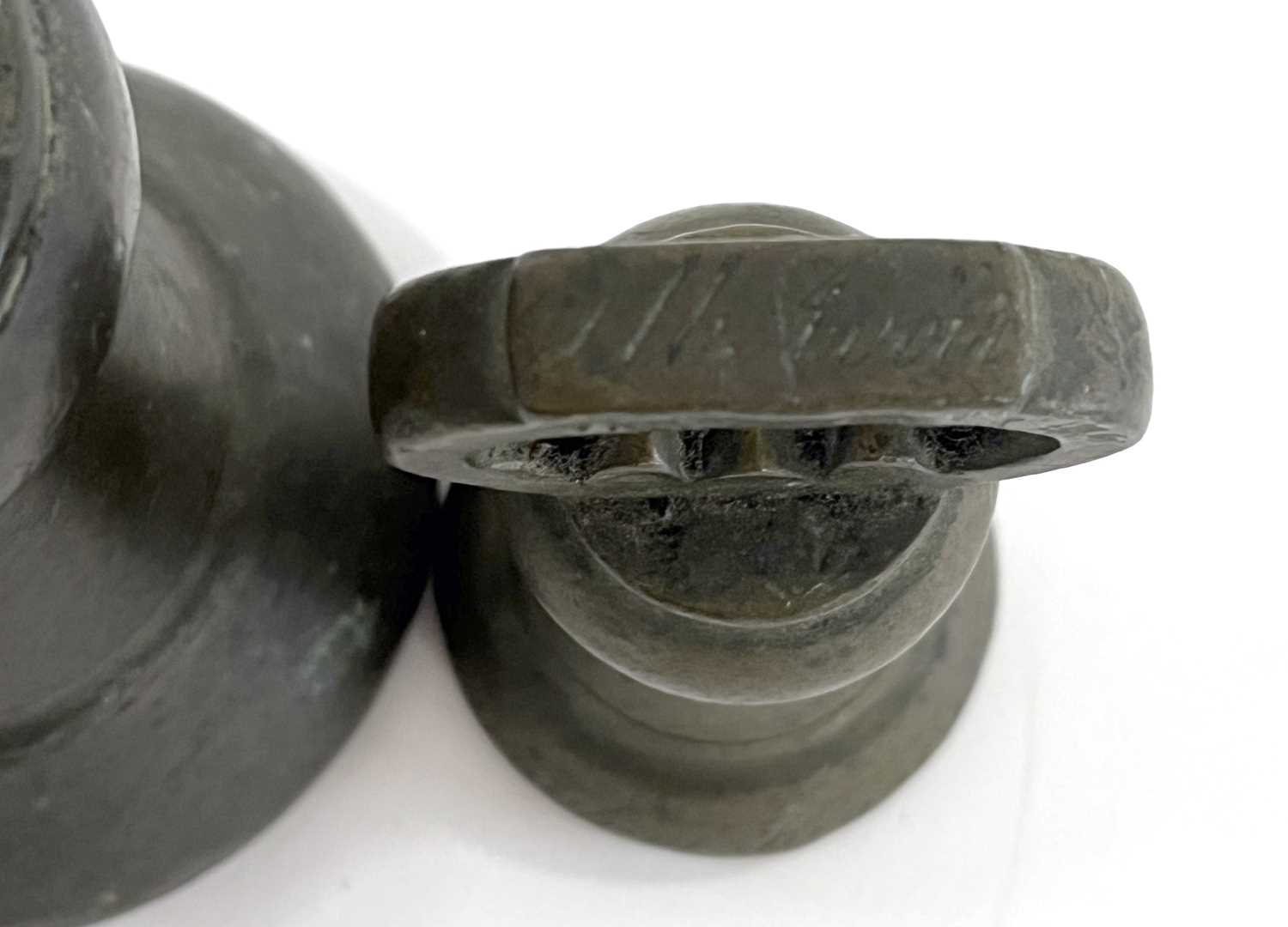 Five bronze weights stamped for GR & ER, all with various weights and measures stamps - Image 6 of 12