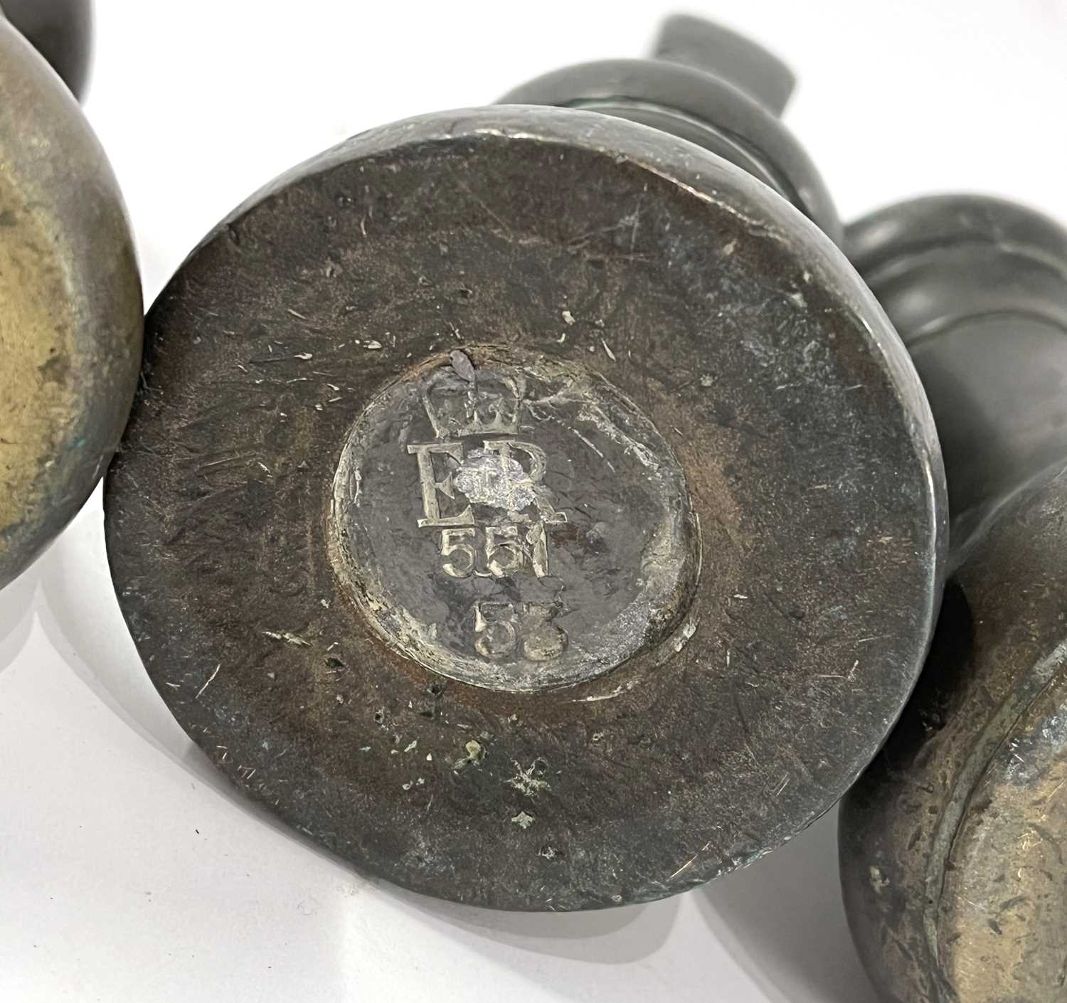 Five bronze weights stamped for GR & ER, all with various weights and measures stamps - Image 9 of 12