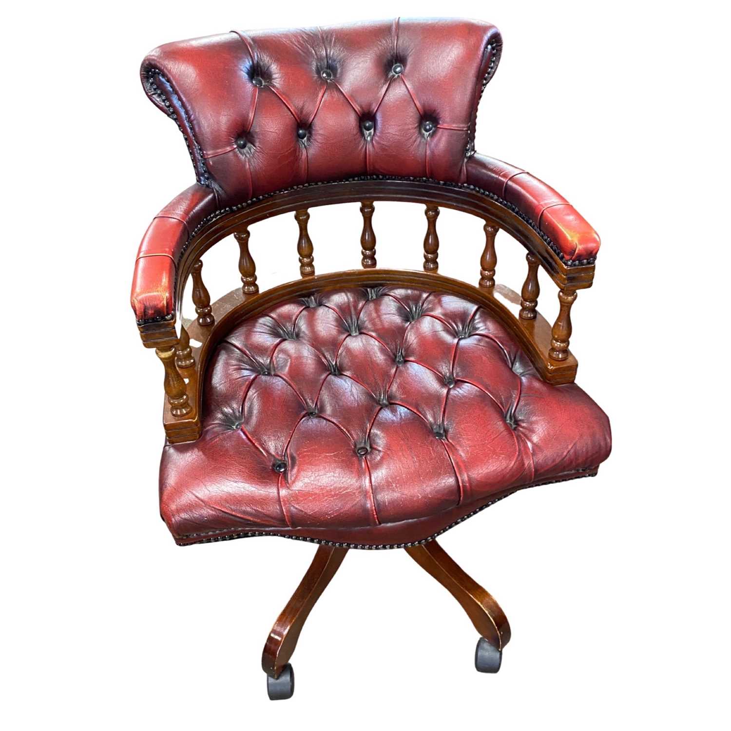 A 20th Century red leather upholstered revolving Captains style office chair, 65cm wide - Image 3 of 4