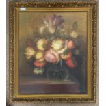 British School, 20th century, still life of flowers, signed 'Preston', acrylic on canvas, framed