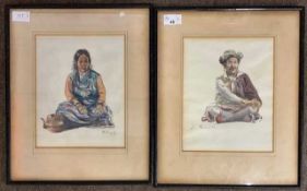 Attributed to Bhabesh Chandra Sanyal (Indian,1904-2003), a pair of watercolour and pencil seated