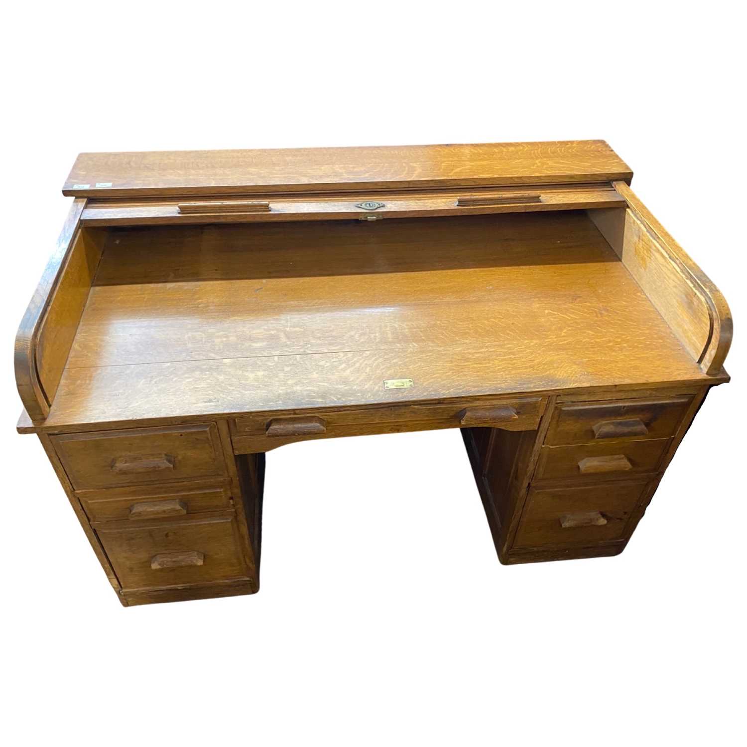 Early 20th Century oak roll top desk with twin pedestals, drop down side leaf, the lock plate - Image 2 of 2