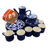 A blue and white Melitta coffee set, comprising coffee pot, milk jug, sugar bowl and cover, six cups