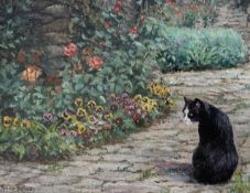 Anne Briggs (British, 20th century), a cat within a floral garden, gouache, signed, 4.5x6ins, framed