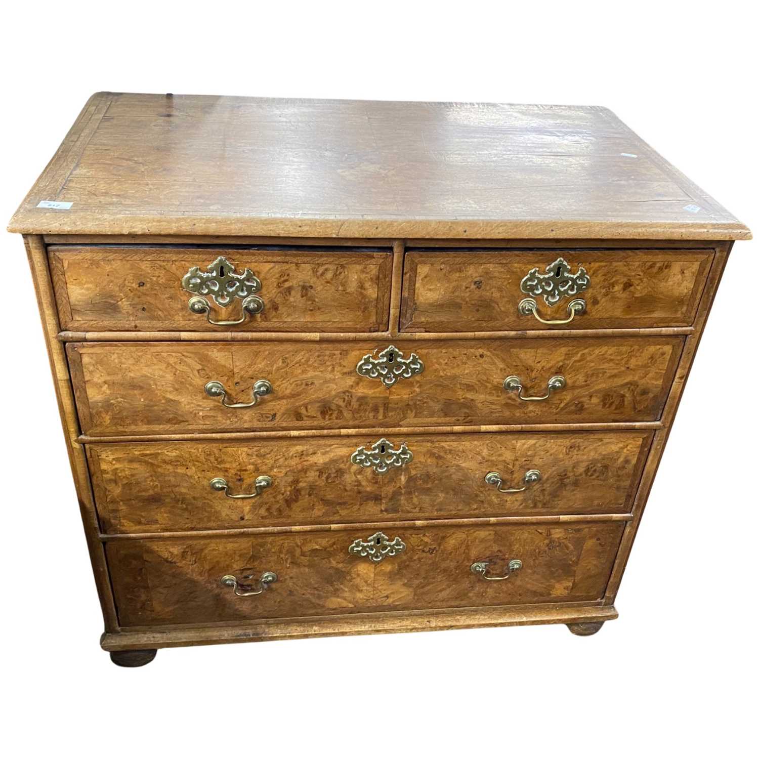 18th Century walnut chest of two short and three long drawers fitted with brass swan neck handles - Image 2 of 4