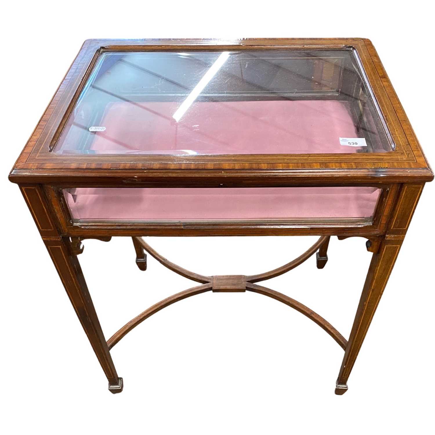 An Edwardian mahogany framed bijouterie table with tapering legs and X formed stretcher, 59cm wide - Image 4 of 4