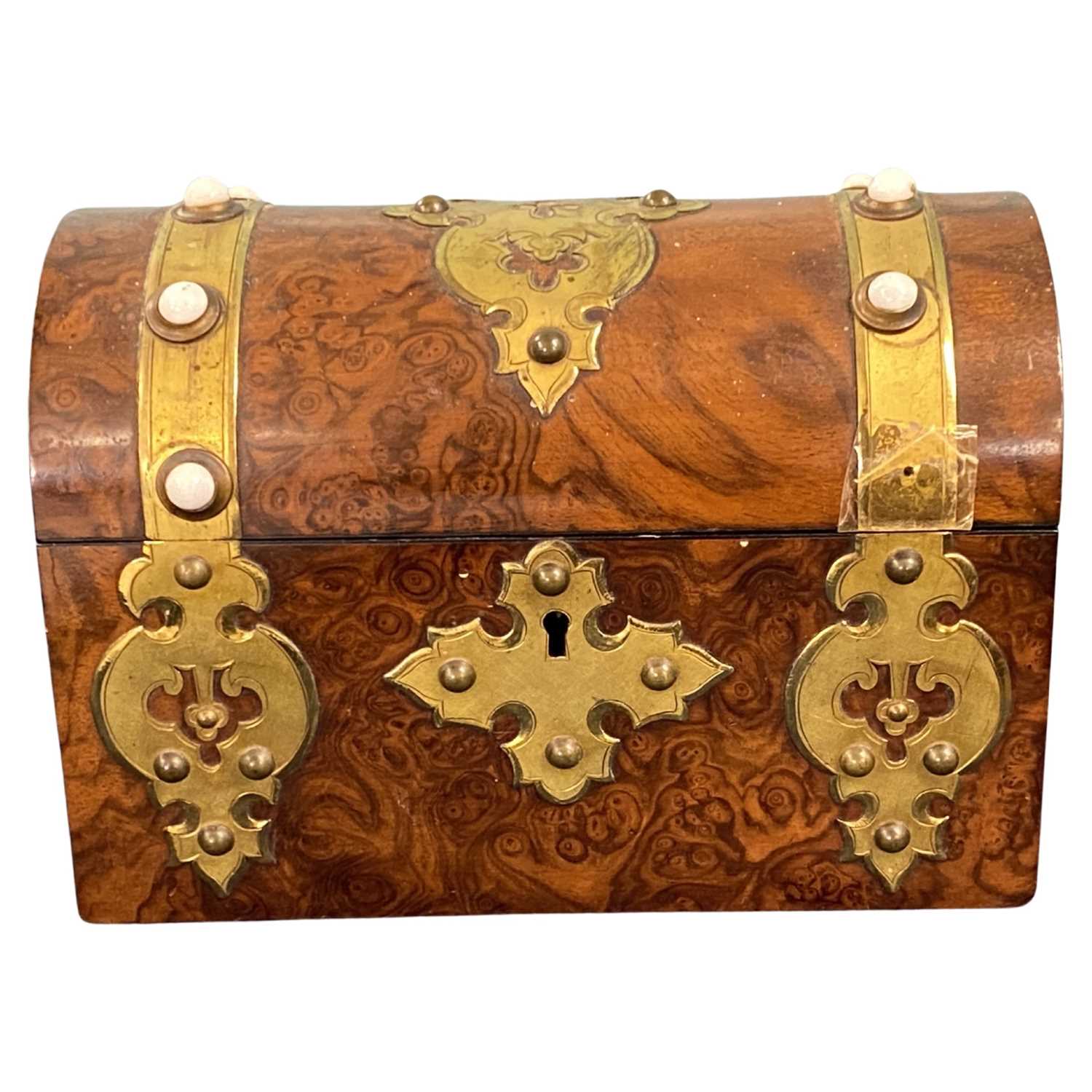 Late 19th Century wooden stationery box with domed cover and inlaid brass decoration, 20cm long