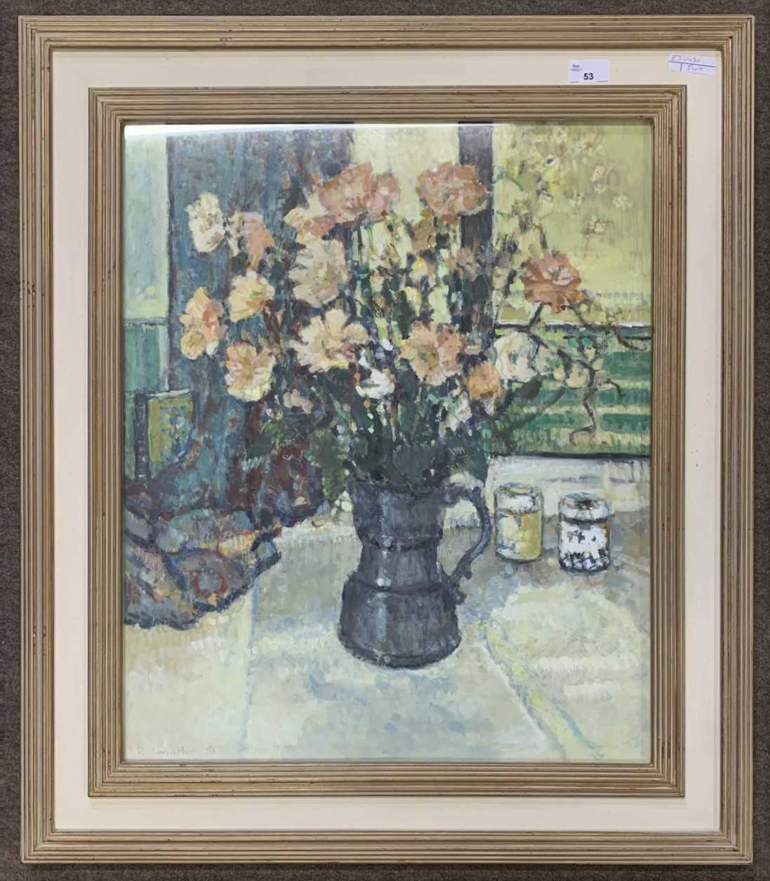 R. Carruthers (British, contemporary)."Flowers in a Tankard", oil on board, signed and dated 1998,