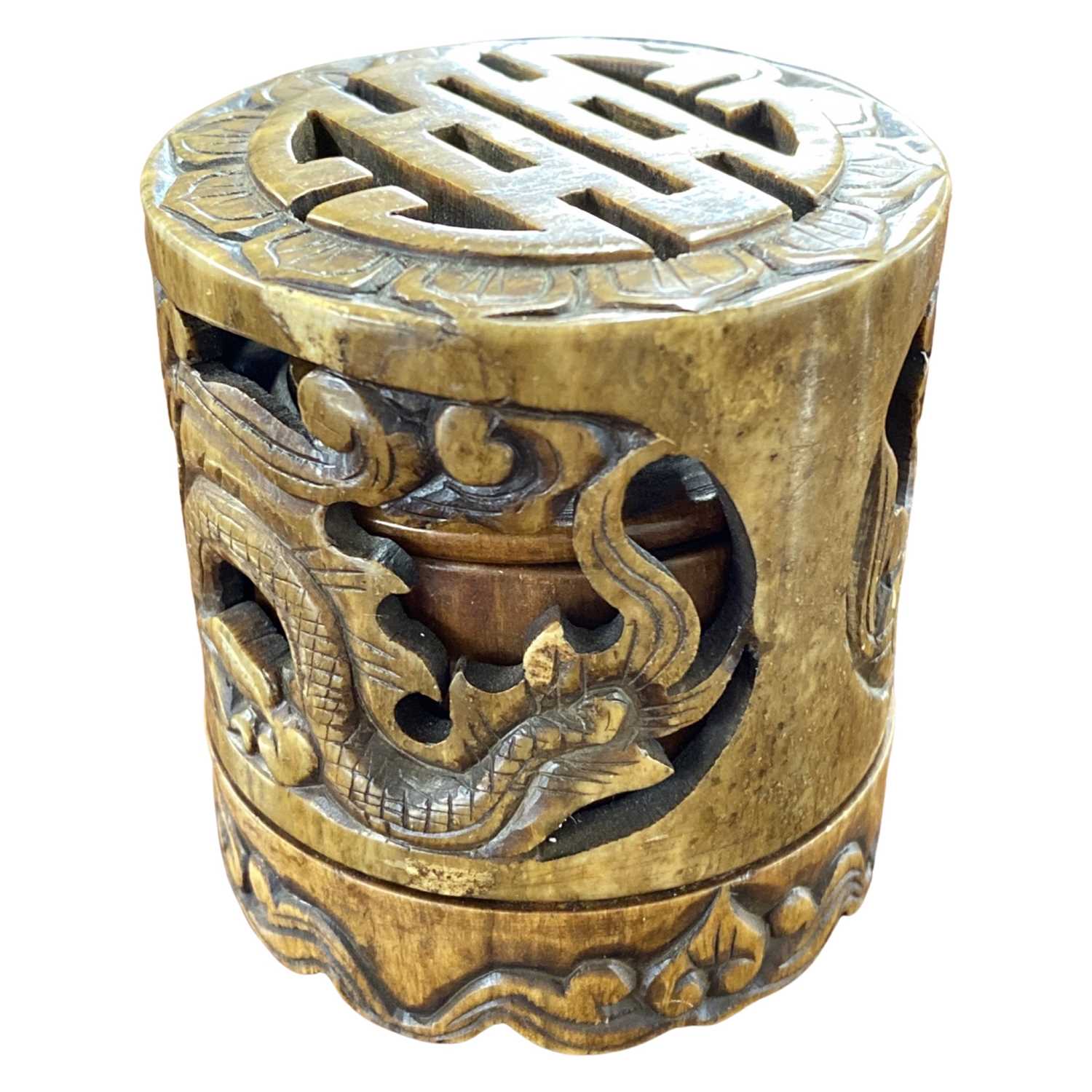 Soap stone trinket box and cover finely carved with a dragon, the top with Zhou symbol for double