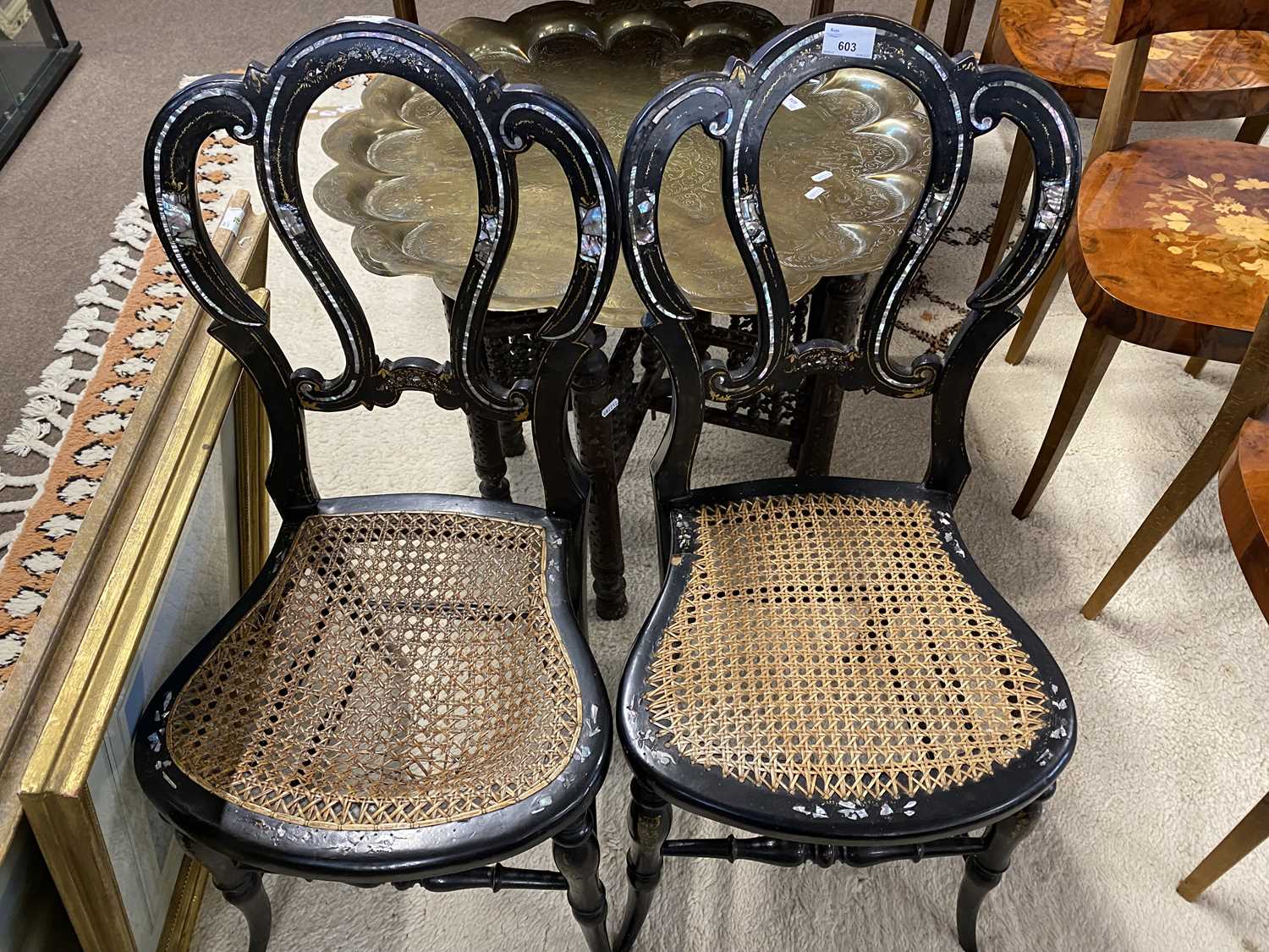 A pair of Victorian black lacquered papier mache and mother of pear inlaid side chairs with cane - Image 5 of 6