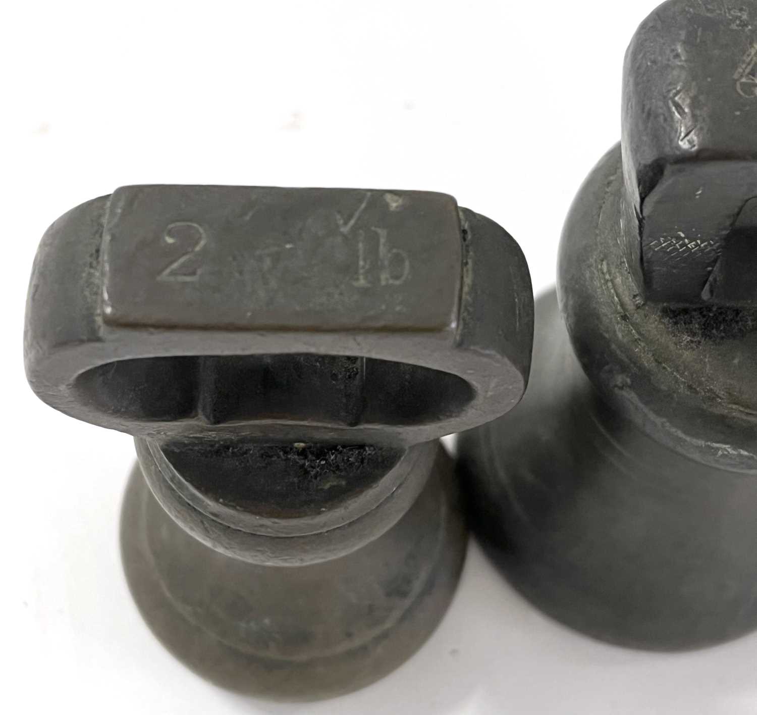Five bronze weights stamped for GR & ER, all with various weights and measures stamps - Image 2 of 12