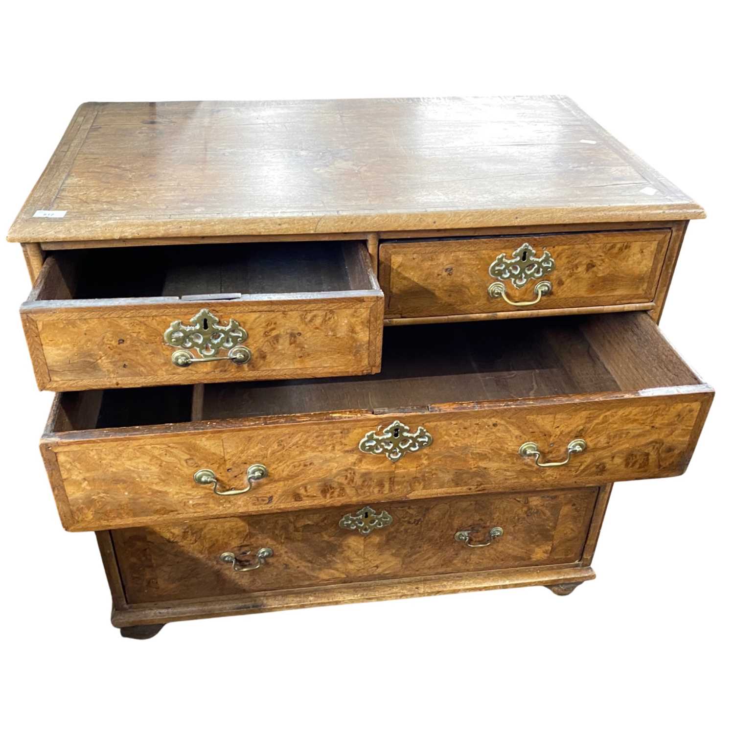 18th Century walnut chest of two short and three long drawers fitted with brass swan neck handles - Image 3 of 4