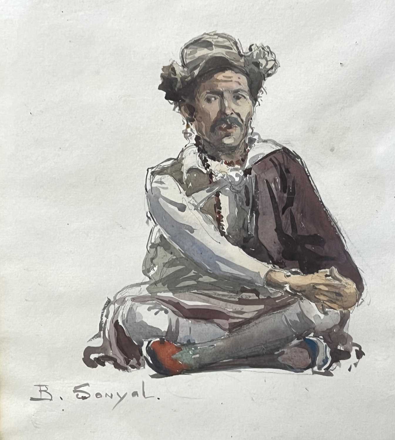 Attributed to Bhabesh Chandra Sanyal (Indian,1904-2003), a pair of watercolour and pencil seated - Image 3 of 4