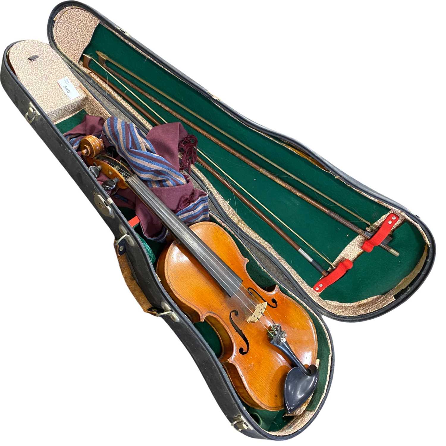 A cased antique violin with two bows, no makers label apparent, violin is 56cm long