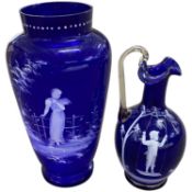 Blue glass vase well painted in Mary Gregory style with a young lady by a gate together with a