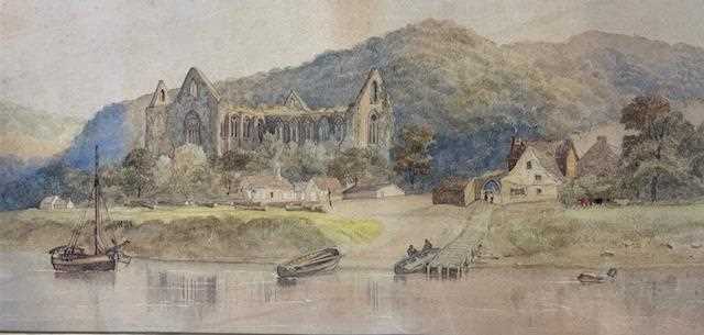 Follower of Thomas Girtin (British, 1775-1802), lakeside scene, watercolour and pencil, 13x26ins, - Image 2 of 2