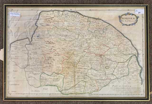 Robert Morden, British (1650-1703), hand coloured map of Norfolk, circa 1720, framed and glazed,