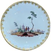 18th Century Furstenburg porcelain saucer decorated with figures in a landscape in Meissen style,