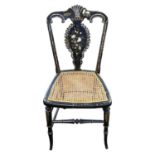 Victorian black lacquered papier mache and mother of pearl inlaid side chair with cane seat