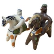 Two pottery models of riders on horseback, on with Wheeldon type glaze