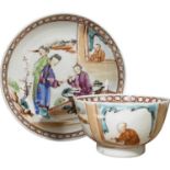 18th Century Chinese porcelain tea bowl and saucer with polychrome design of Chinese figures