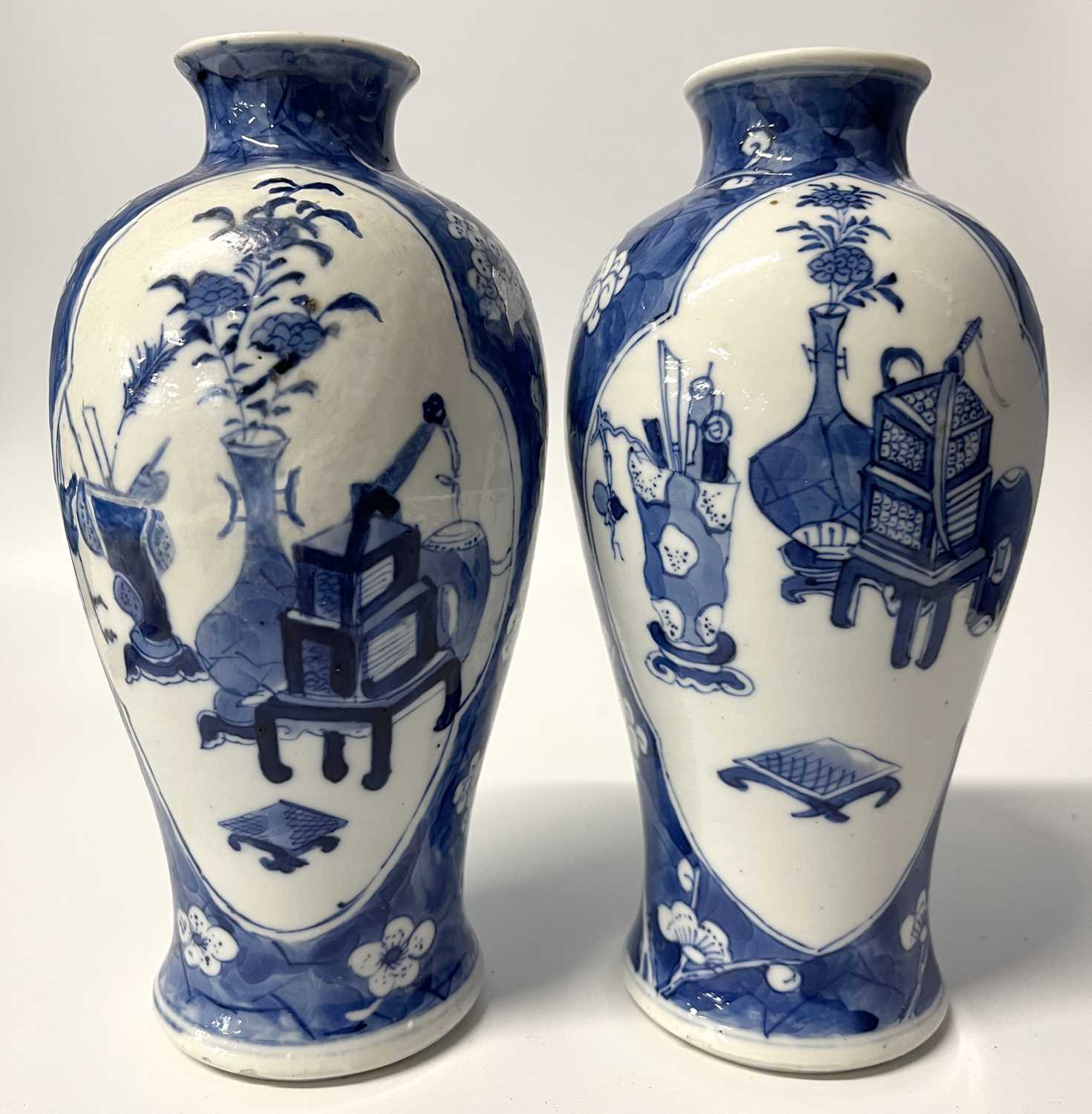 A pair of small Chinese porcelain vases in Qing Shi style with panels decorated with precious - Image 3 of 8