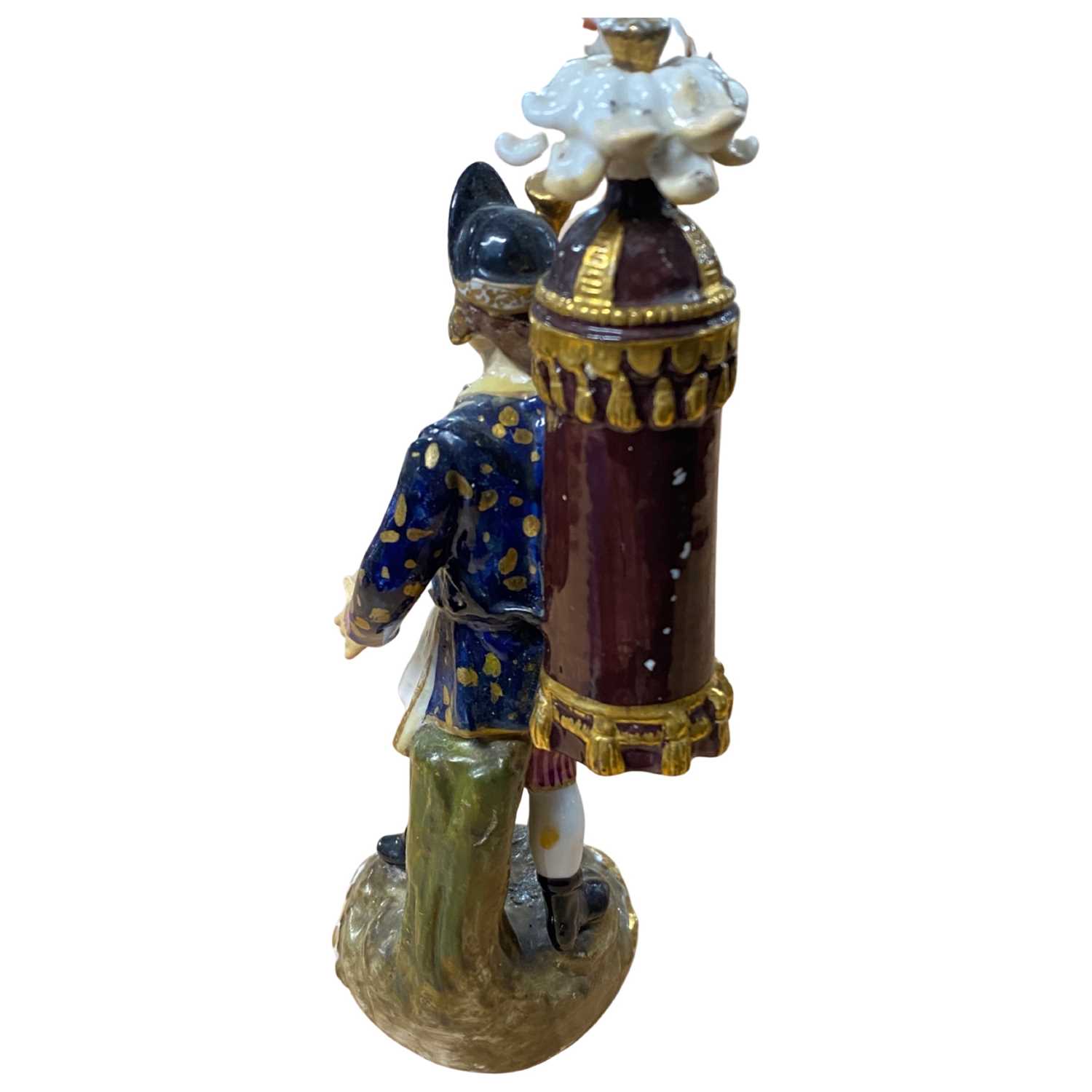 Derby style model of a street seller, continental with pseudo Derby mark to base, 18cm high - Image 2 of 2