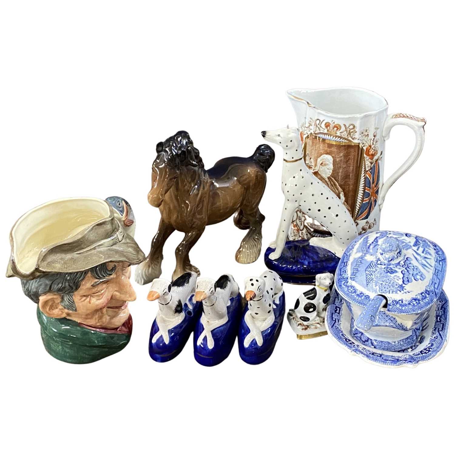 Group of ceramic items including a Beswick horse, Staffordshire blue terrine cover and stand with