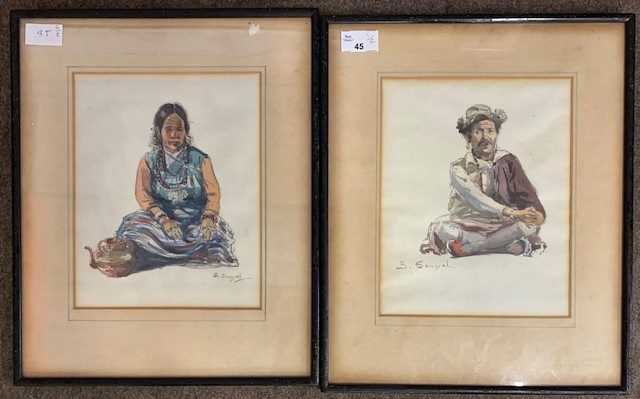 Attributed to Bhabesh Chandra Sanyal (Indian,1904-2003), a pair of watercolour and pencil seated - Image 2 of 4