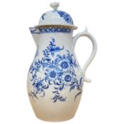 Lowestoft porcelain coffee pot and a cover painted in blue with floral decoration