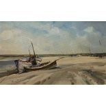 British school, 20th / 21st century, coastal scene with moored boats, oil on board, indistinctly