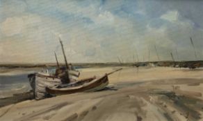 British school, 20th / 21st century, coastal scene with moored boats, oil on board, indistinctly