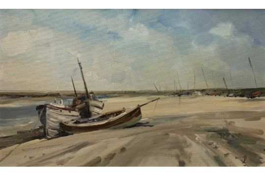 British school, 20th / 21st century, coastal scene with moored boats, oil on board, indistinctly - Image 1 of 2