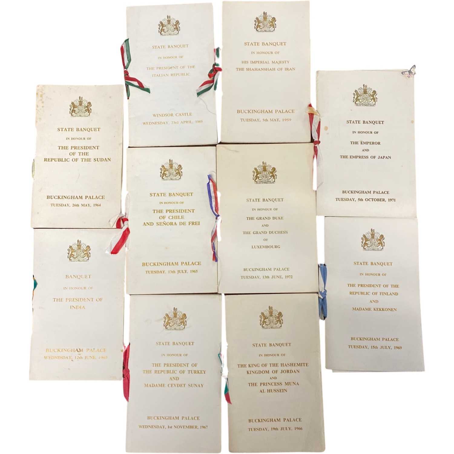 Plastic wallet containing ten ceremonial programmes for State visits including Sudan, India, Iran,