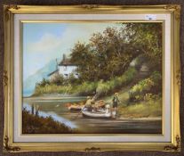 Les Parson (British, 20th century), children at play upon a boat, oil on canvas, signed,19x16ins,