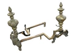 Pair large brass and iron ornate fire dogs