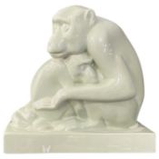 Wedgwood model of a monkey and her young in a green glaze designed by John Skeaping, the rectangular